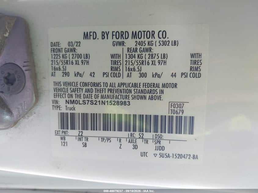 Vin: nm0ls7s21n1528983, lot: 46578783, ford transit connect xl 20224
