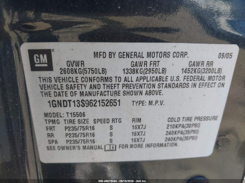 CHEVROLET TRAILBLAZER 2006 VIN 1GNDT13S962152651