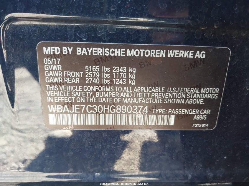 BMW 540I 2017 VIN WBAJE7C30HG890374