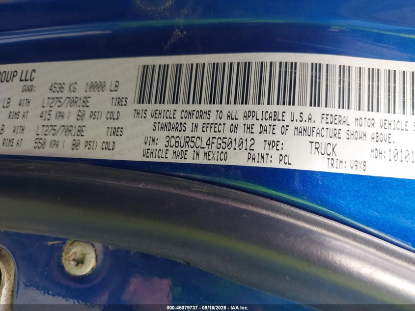 RAM 2500 2015 VIN 3C6UR5CL4FG501012