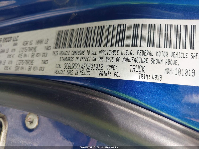 RAM 2500 2015 VIN 3C6UR5CL4FG501012