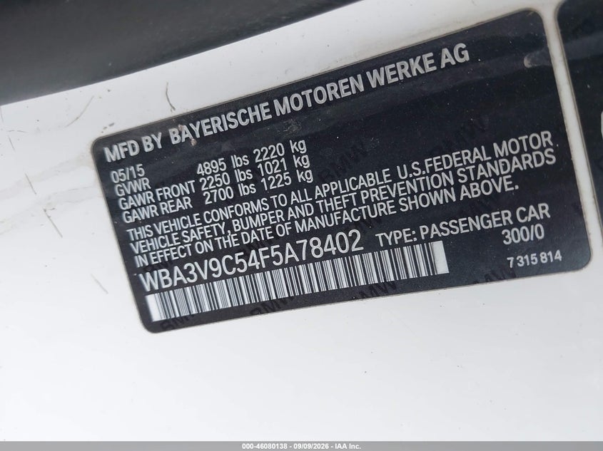 BMW 428I 2015 VIN WBA3V9C54F5A78402