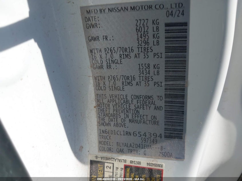 Vin: 1n6ed1cl1rn654394, lot: 46579885, nissan frontier king cab s 4x2 20244