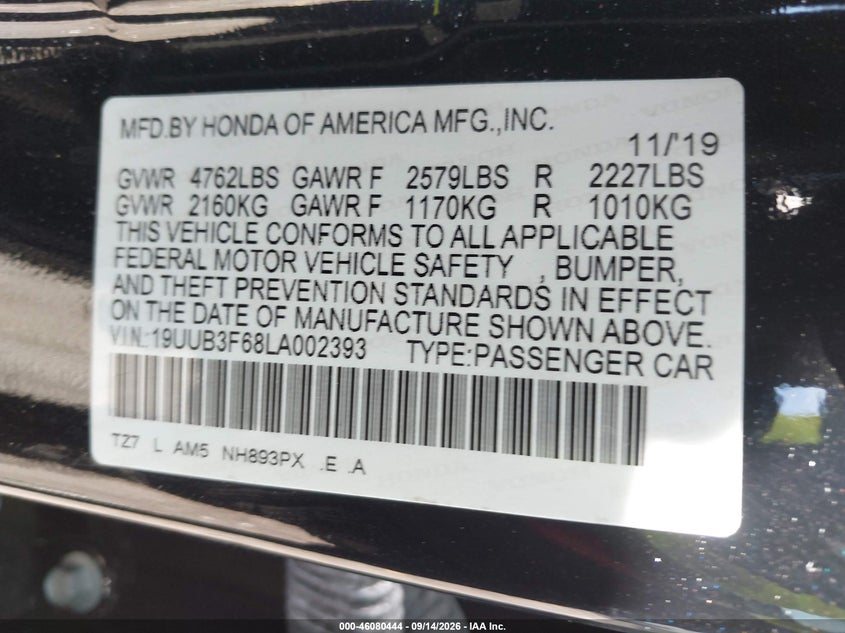 ACURA TLX 2020 VIN 19UUB3F68LA002393