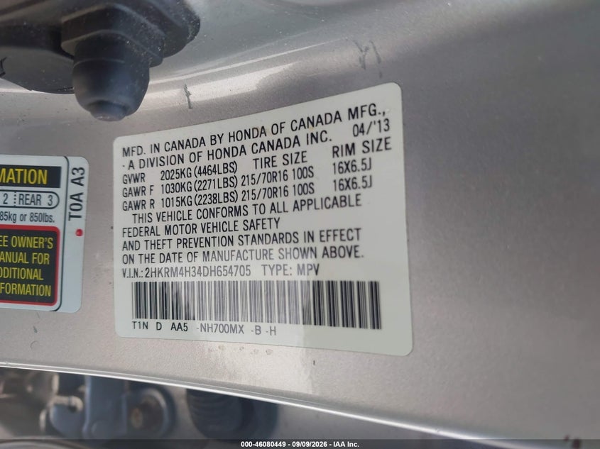 HONDA CR-V 2013 VIN 2HKRM4H34DH654705
