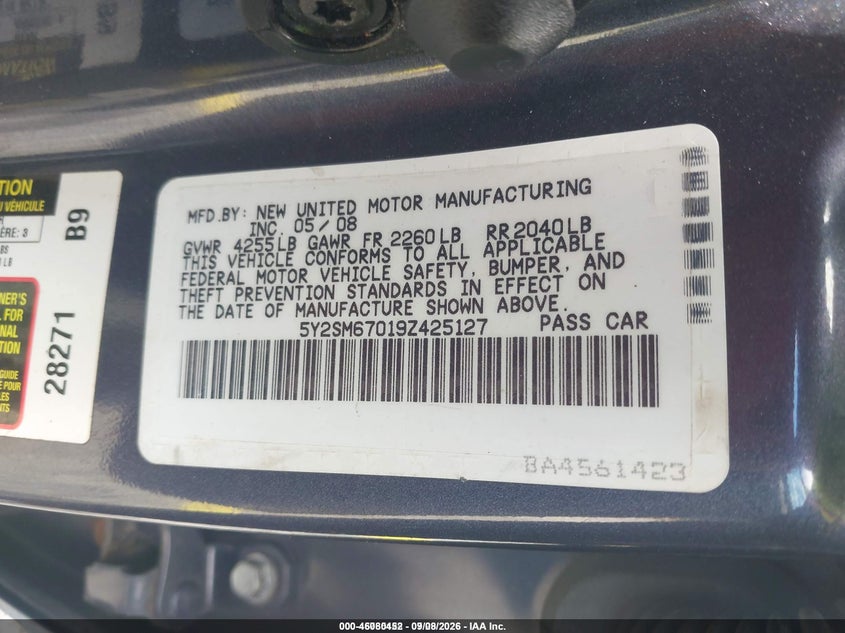 PONTIAC VIBE 2009 VIN 5Y2SM67019Z425127