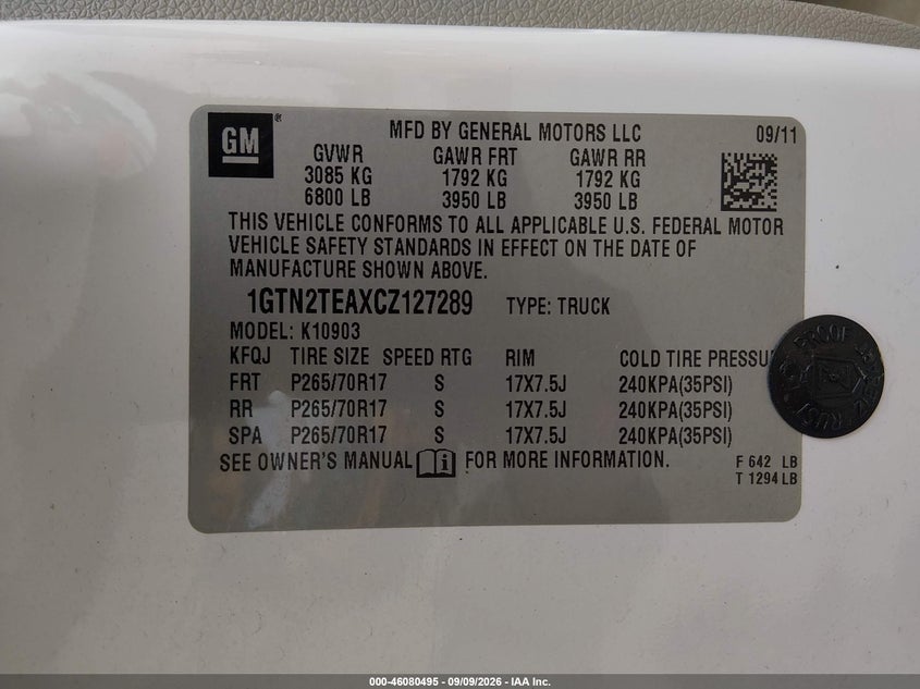 GMC SIERRA 1500 2012 VIN 1GTN2TEAXCZ127289