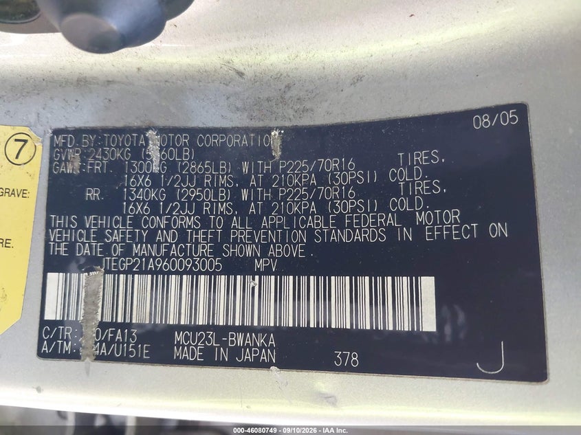 TOYOTA HIGHLANDER 2006 VIN JTEGP21A960093005