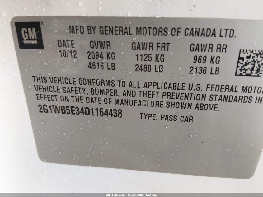 CHEVROLET IMPALA 2013 VIN 2G1WB5E34D1164438
