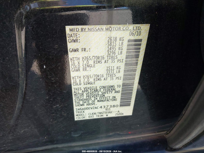 NISSAN FRONTIER 2010 VIN 1N6AD0EV2AC437380
