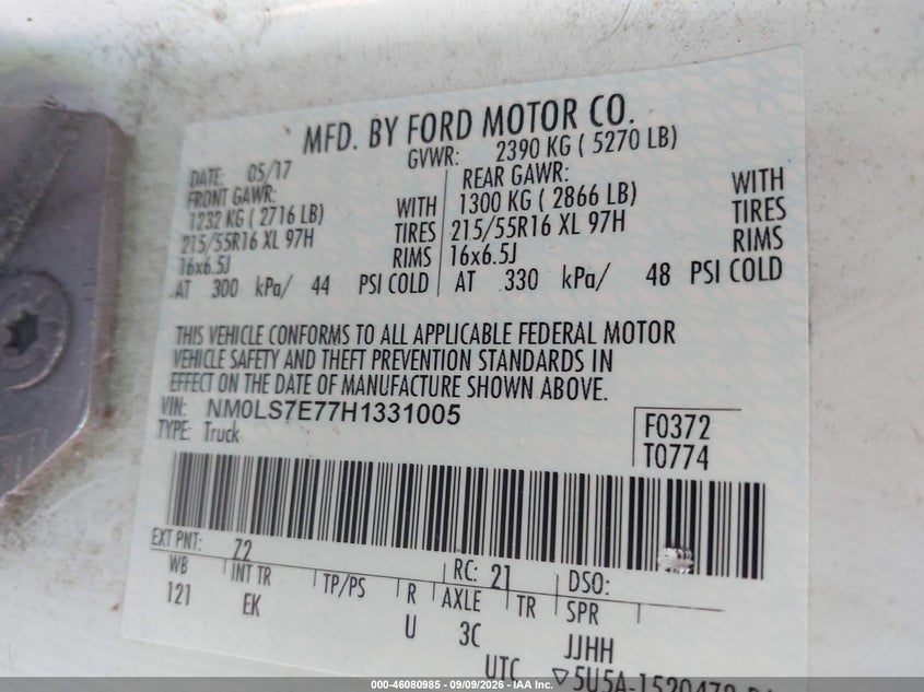 FORD TRANSIT CONNECT 2017 VIN NM0LS7E77H1331005