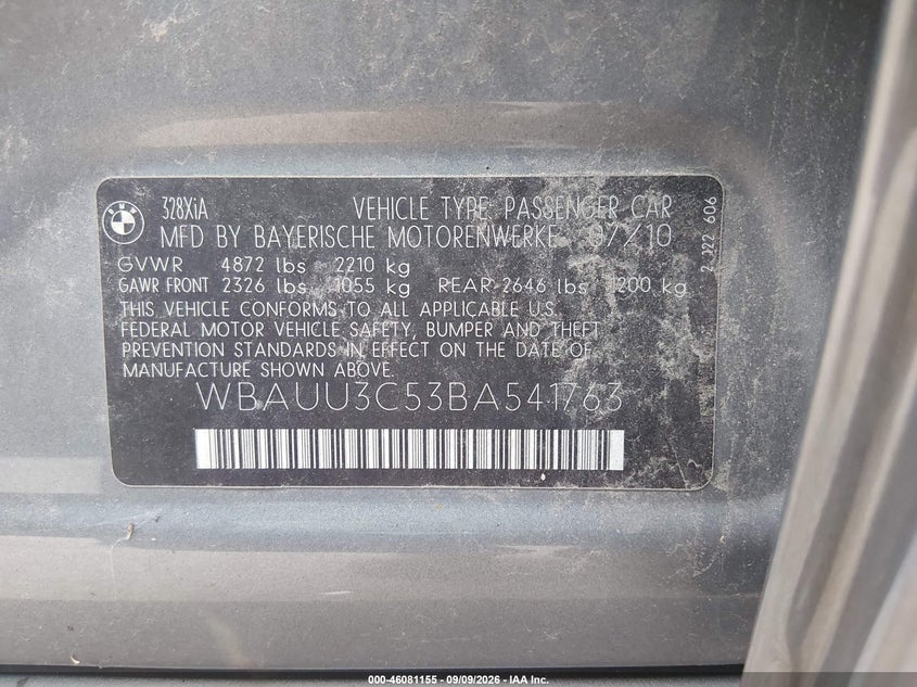 BMW 328I 2011 VIN WBAUU3C53BA541763