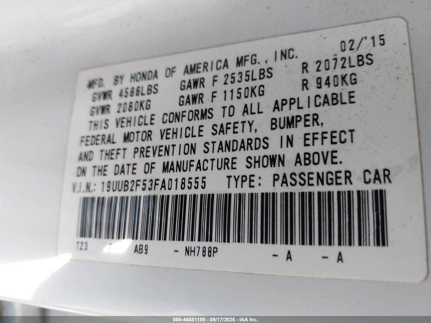 ACURA TLX 2015 VIN 19UUB2F53FA018555