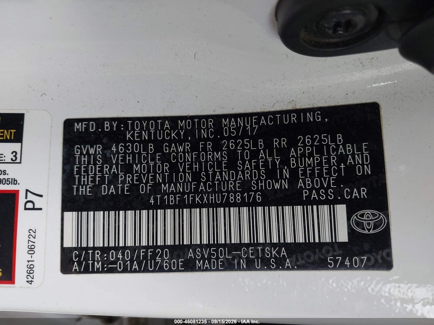 TOYOTA CAMRY 2017 VIN 4T1BF1FKXHU788176