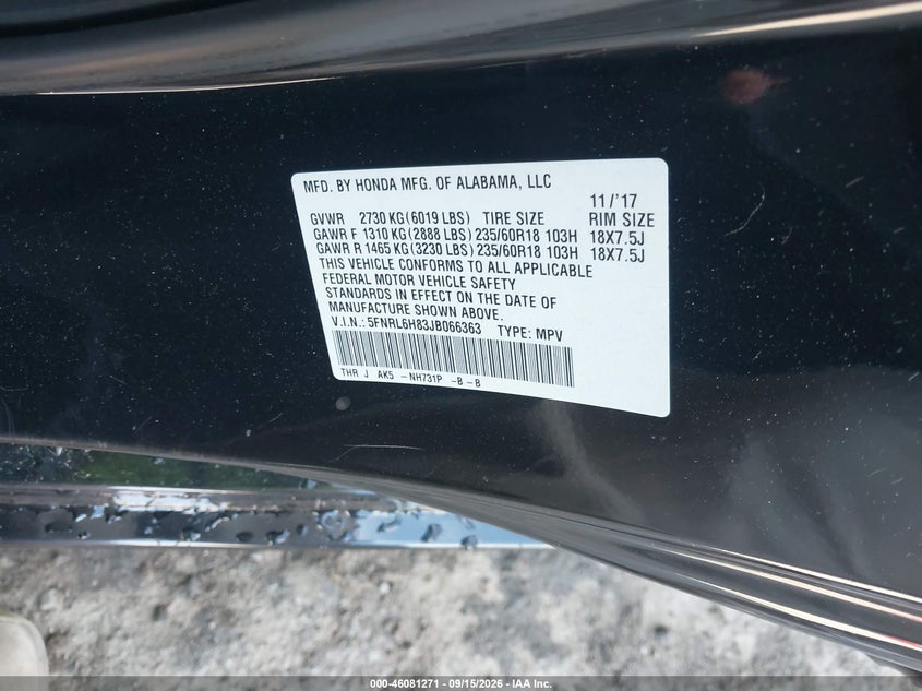 HONDA ODYSSEY 2018 VIN 5FNRL6H83JB066363