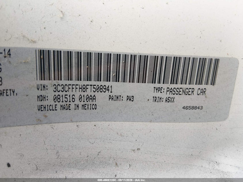 FIAT 500 2015 VIN 3C3CFFFH8FT508941