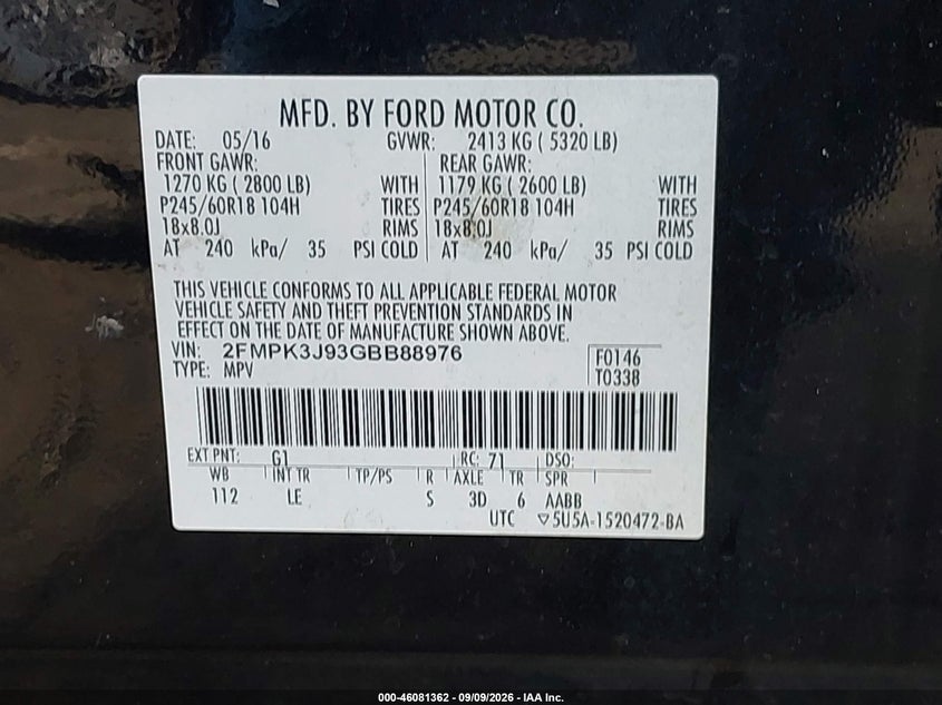 FORD EDGE 2016 VIN 2FMPK3J93GBB88976