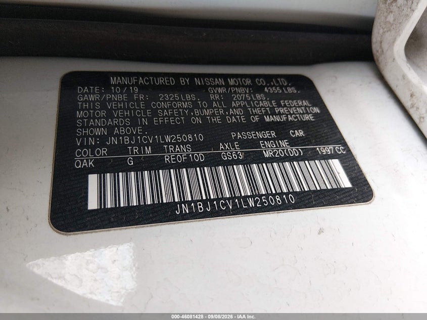 NISSAN ROGUE SPORT 2020 VIN JN1BJ1CV1LW250810