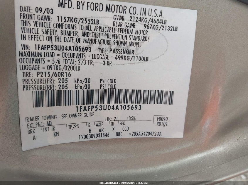 FORD TAURUS 2004 VIN 1FAFP53U04A105693