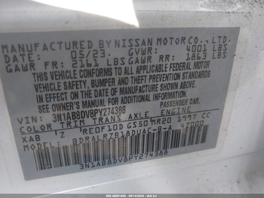 NISSAN SENTRA 2023 VIN 3N1AB8DV8PY274388