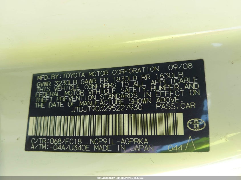 TOYOTA YARIS 2009 VIN JTDJT903295227930