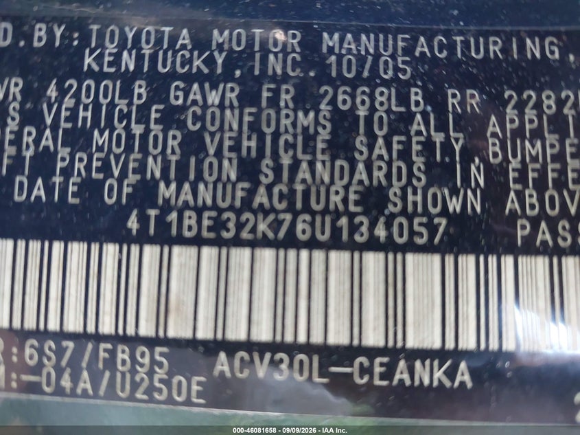 TOYOTA CAMRY 2006 VIN 4T1BE32K76U134057