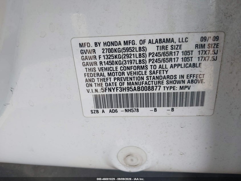 HONDA PILOT 2010 VIN 5FNYF3H95AB008877
