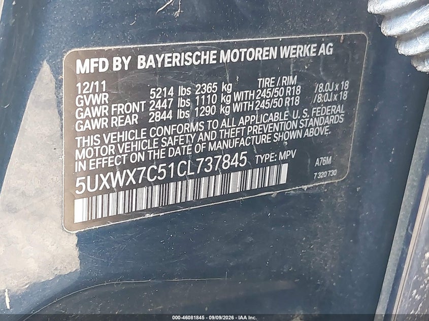 BMW X3 2012 VIN 5UXWX7C51CL737845
