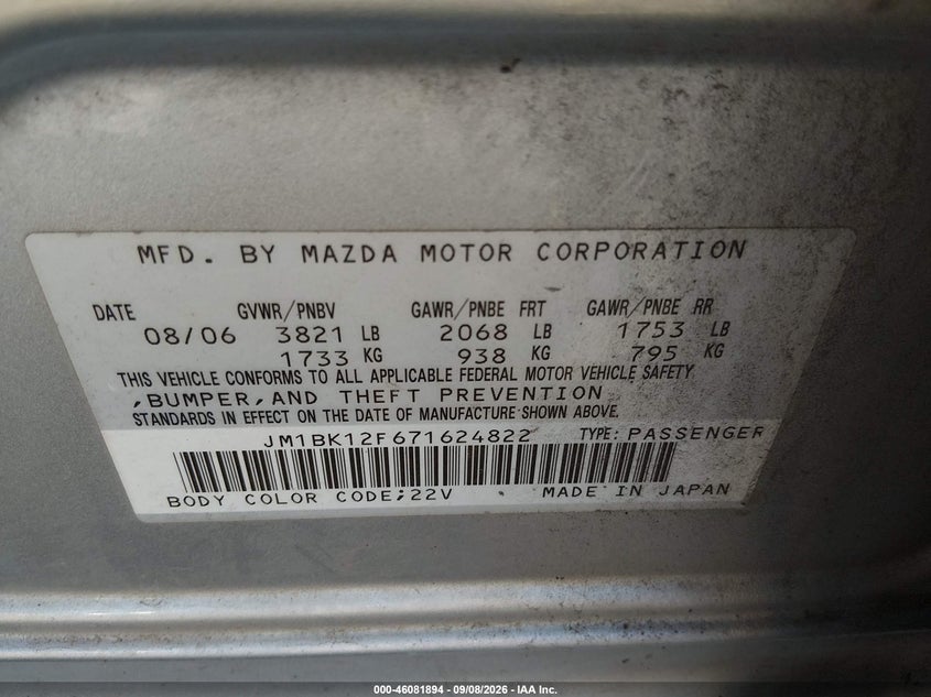 MAZDA MAZDA3 2007 VIN JM1BK12F671624822