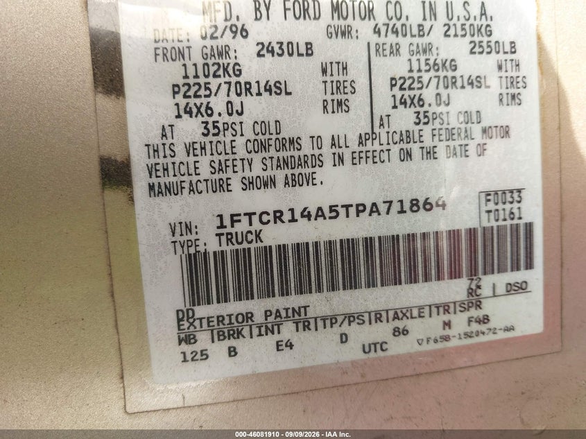 FORD RANGER 1996 VIN 1FTCR14A5TPA71864
