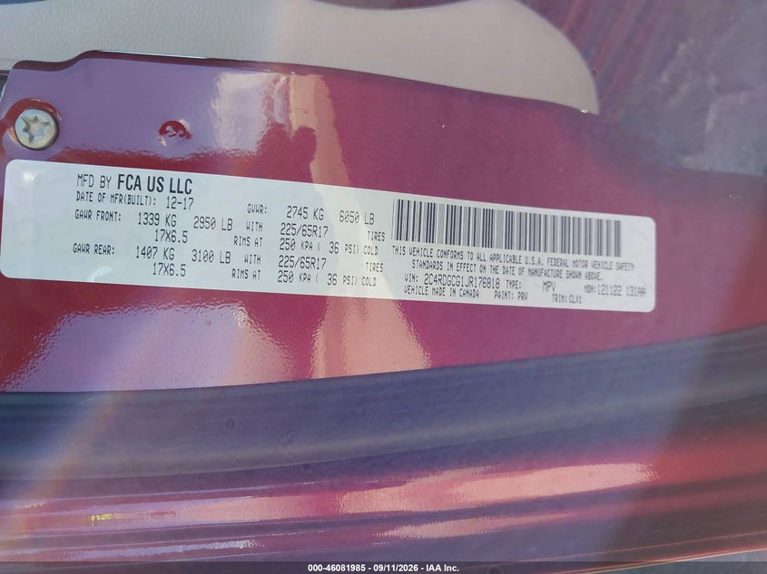 DODGE GRAND CARAVAN 2018 VIN 2C4RDGCG1JR176818