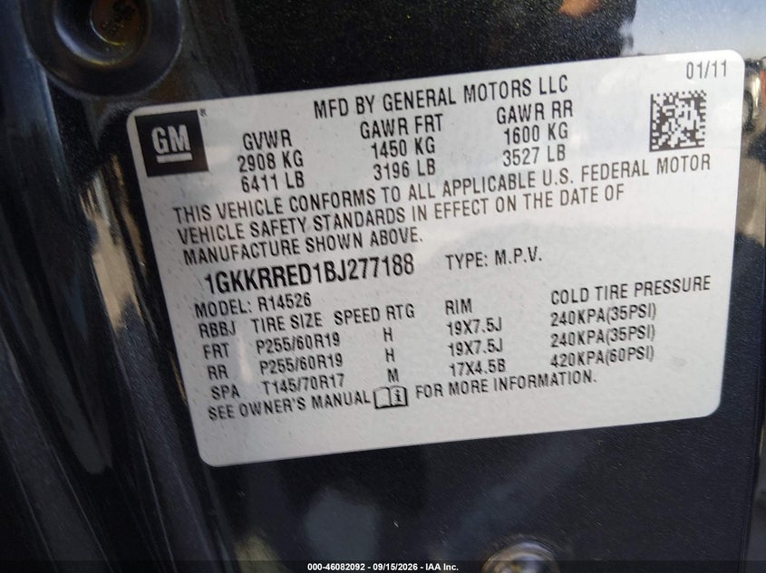 GMC ACADIA 2011 VIN 1GKKRRED1BJ277188