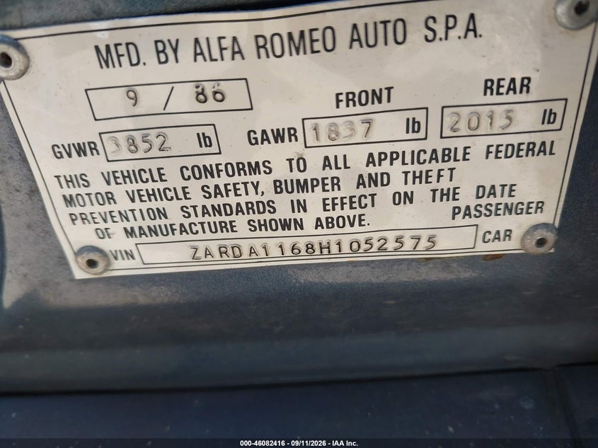 ALFA-ROMEO MILANO 1987 VIN ZARDA1168H1052575