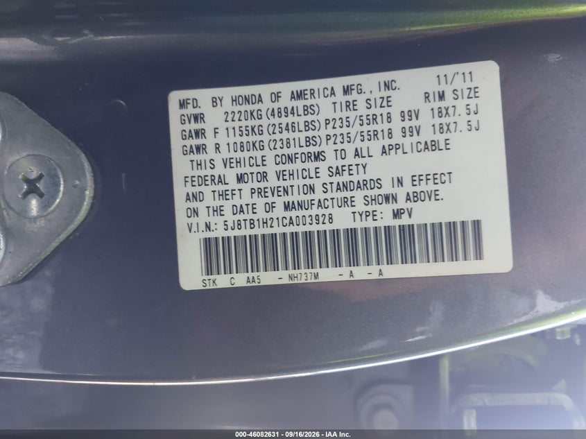 ACURA RDX 2012 VIN 5J8TB1H21CA003928