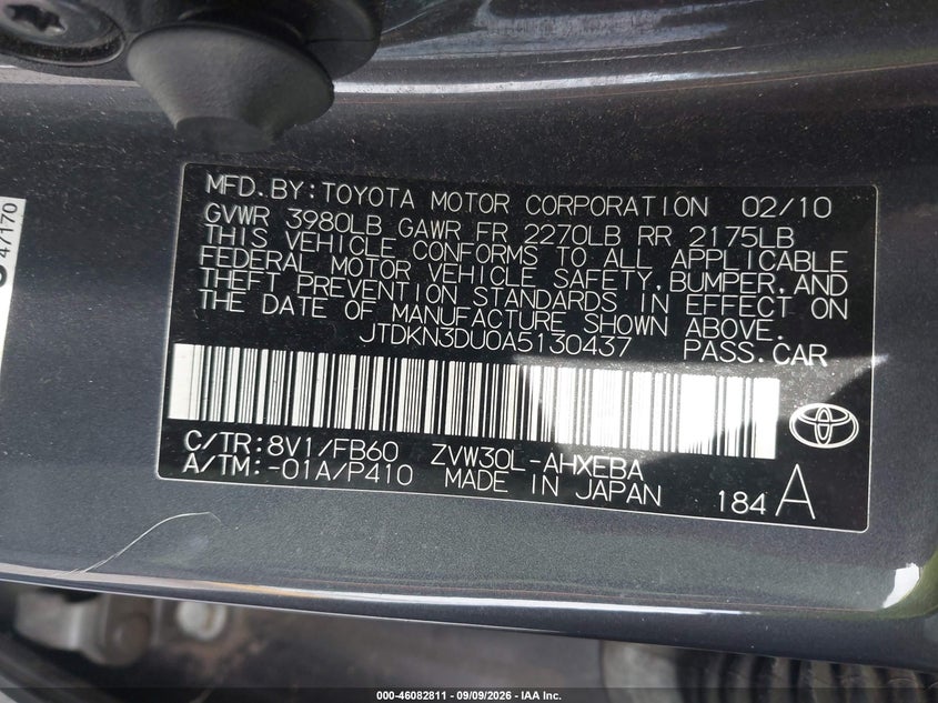 TOYOTA PRIUS 2010 VIN JTDKN3DU0A5130437