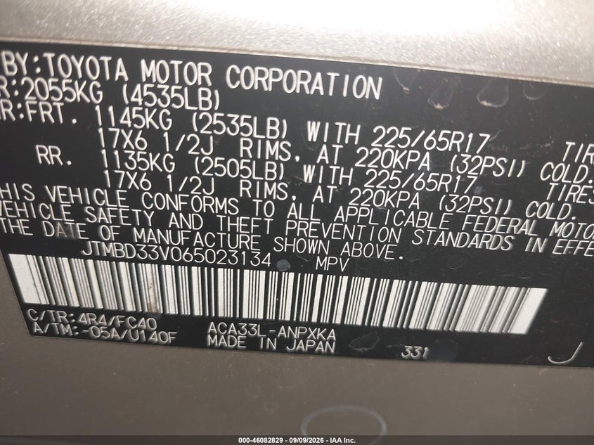 TOYOTA RAV4 2006 VIN JTMBD33V065023134