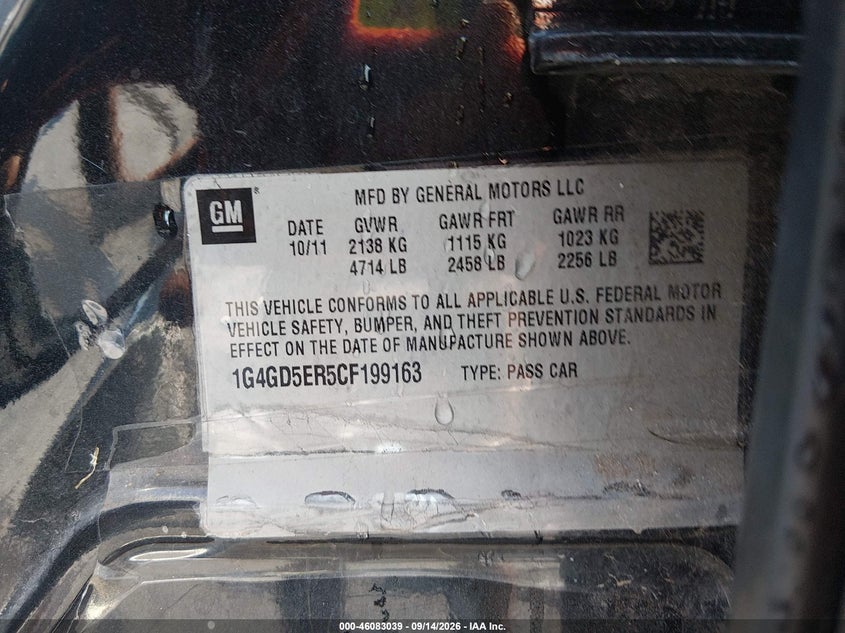 BUICK LACROSSE 2012 VIN 1G4GD5ER5CF199163