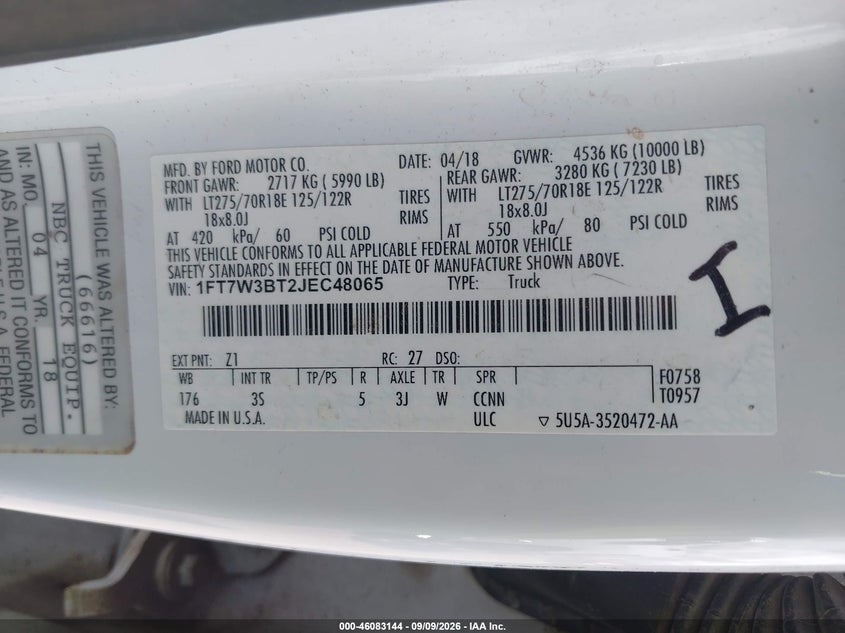 FORD F-350 2018 VIN 1FT7W3BT2JEC48065