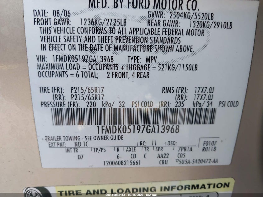 FORD FREESTYLE 2007 VIN 1FMDK05197GA13968