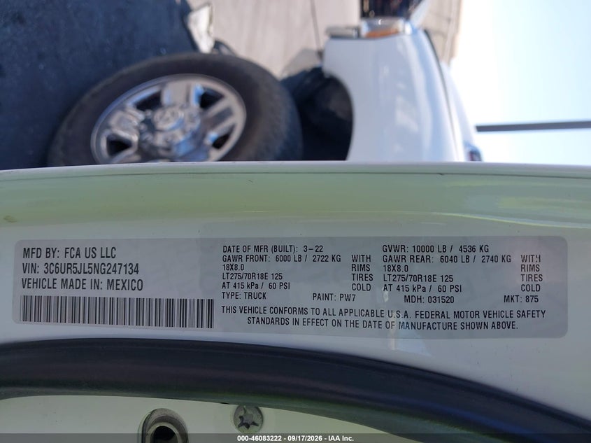 RAM 2500 2022 VIN 3C6UR5JL5NG247134