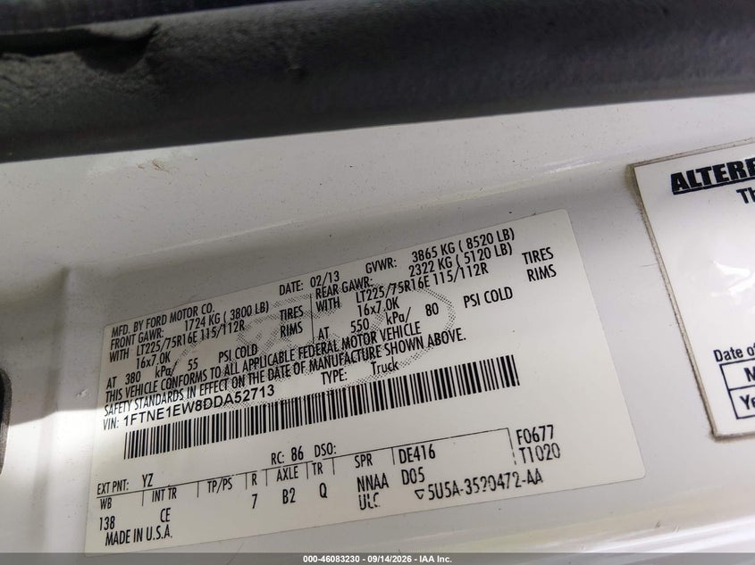 FORD E-150 2013 VIN 1FTNE1EW8DDA52713