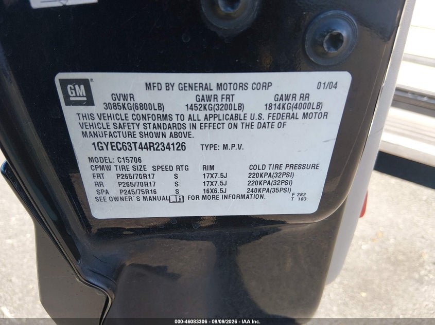 CADILLAC ESCALADE 2004 VIN 1GYEC63T44R234126