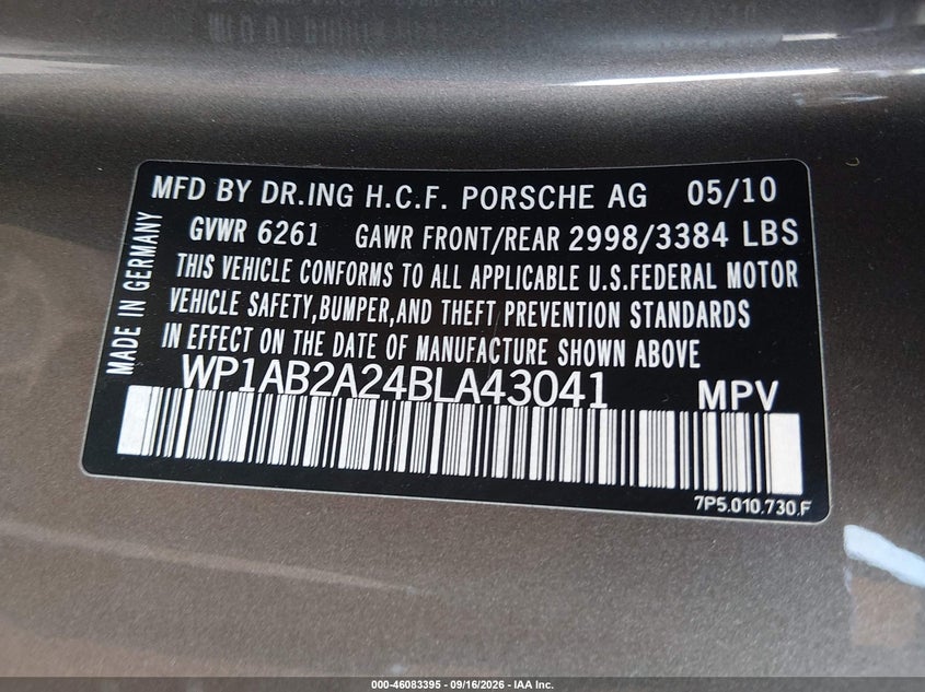PORSCHE CAYENNE 2011 VIN WP1AB2A24BLA43041