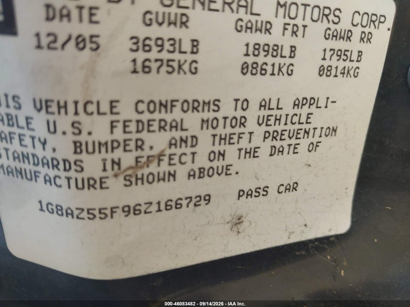 SATURN ION 2006 VIN 1G8AZ55F96Z166729