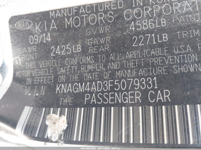 KIA OPTIMA HYBRID 2015 VIN KNAGM4AD3F5079331