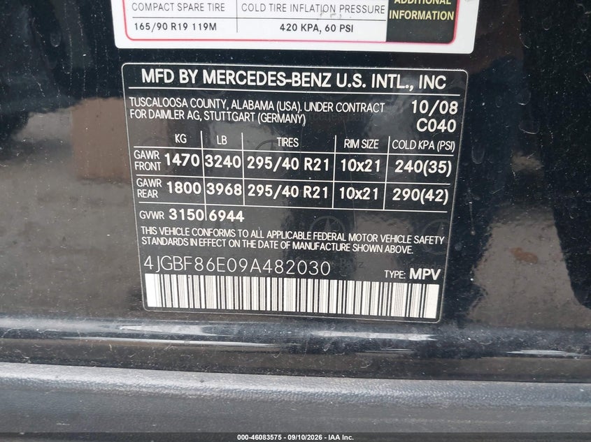 MERCEDES-BENZ GL 550 2009 VIN 4JGBF86E09A482030