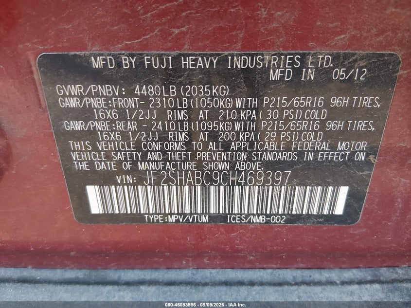 2012 SUBARU FORESTER SPORT UTILITY VEHICLE 2.5L H-4 DOHC, VVT, REGULAR , 170HP