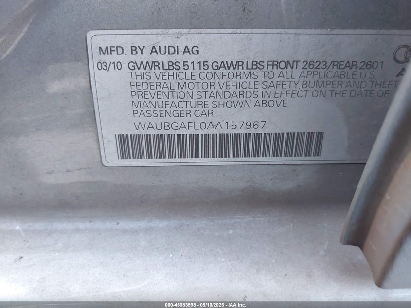AUDI S4 2010 VIN WAUBGAFL0AA157967