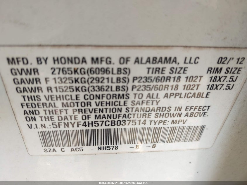 HONDA PILOT 2012 VIN 5FNYF4H57CB037514