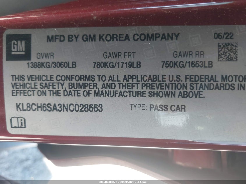 CHEVROLET SPARK 2022 VIN KL8CH6SA3NC028663